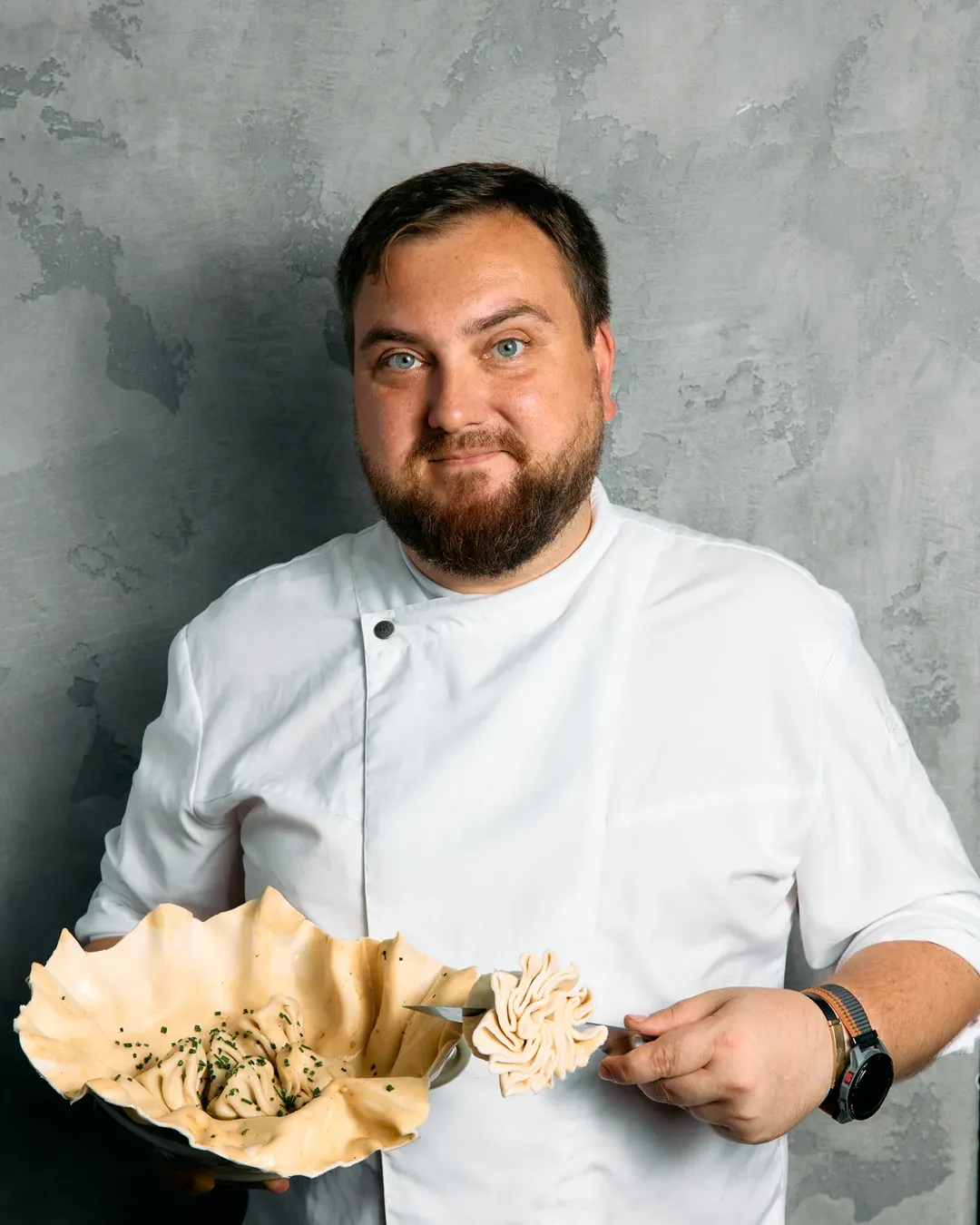 Head chef Andro with a bowl of khinkali