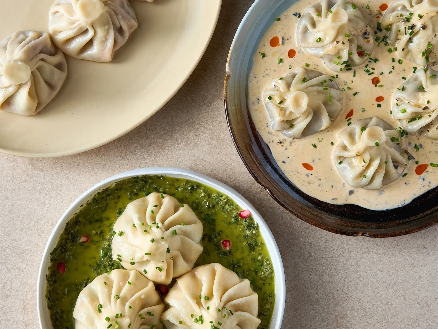 Selection of khinkali in three bowls